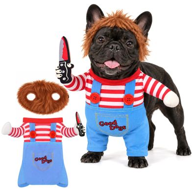 Hundekostüm Purlov Gr. M Halloween Puppen-Look mit Perücke und Messer-Attrappe