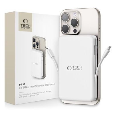 Powerbank Tech-Protect PB31 LifeMag 10000 mAh MagSafe 15 W USB-C Kabel Weiß