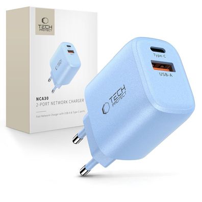 Ladegerät Tech-Protect NCA30 30W PD USB-C QC3.0 USB-A Netzstecker blau