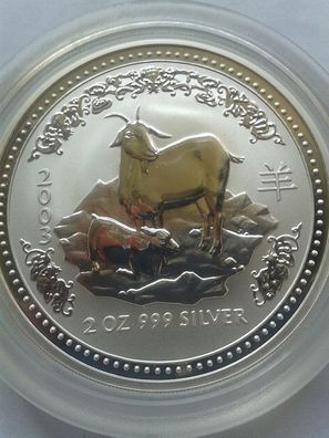 2$ 2003 Australien Lunar Ziege 2 Unzen 62,2g 999er Silber in Münzdose