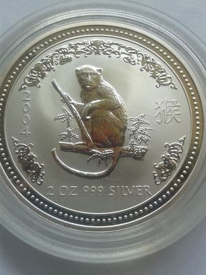 2$ 2004 Australien Lunar 1 Affe 2 Unzen 62,2g 999er Silber + original Münzdose