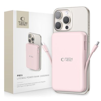 Powerbank Tech-Protect PB31 LifeMag MagSafe 10000 mAh mit Kabel, rosa