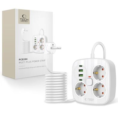 Steckdosenleiste Tech-Protect PCS3X4 3-fach mit 2x USB-A 2x USB-C 2 m Kabel weiß