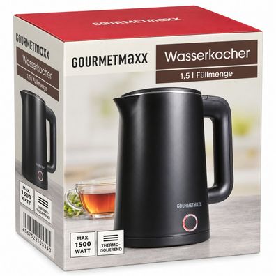 Gourmetmaxx Wasserkocher matt 1,5 l schwarz mit 1500 Watt und Thermogehäuse