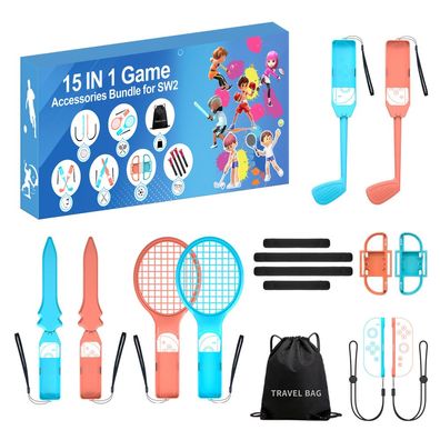 Zubehör-Set 15 in 1 für Nintendo Switch 2, Tennis Golf Schwert, Orange Blau