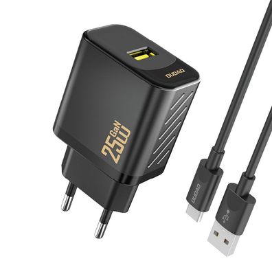 Wandladegerät Dudao A27STEU 25W GaN USB-A mit USB-C Kabel 1 m Schwarz