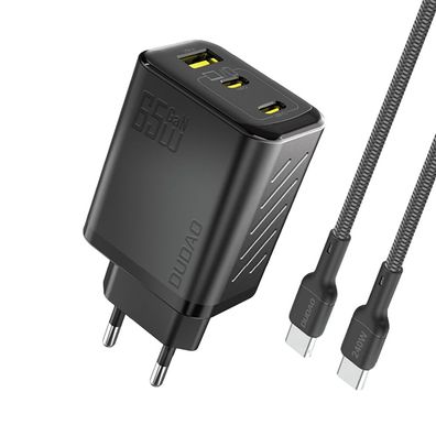 GaN Ladegerät Dudao A29C 65W mit USB-C Kabel 1 m, 3 Anschlüsse, Schwarz