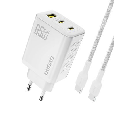 Wandladegerät Dudao A29C 65 W GaN mit USB-C Kabel 3 Anschlüsse PD QC Weiß