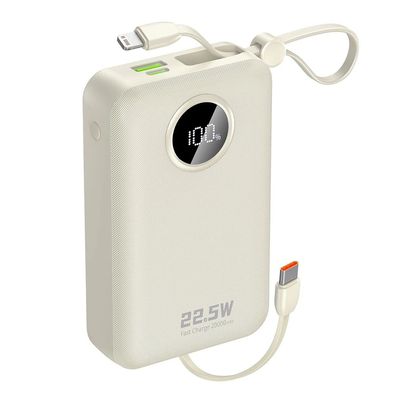 Powerbank Dudao K14+ 20000 mAh 22,5 W integriertes USB-C und Lightning Kabel Weiß