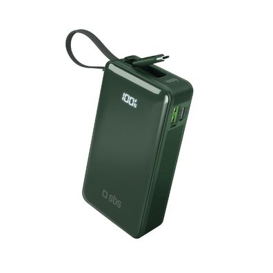 Powerbank SBS 10000 mAh 20W PD mit integriertem USB-C Kabel und LCD Display grün