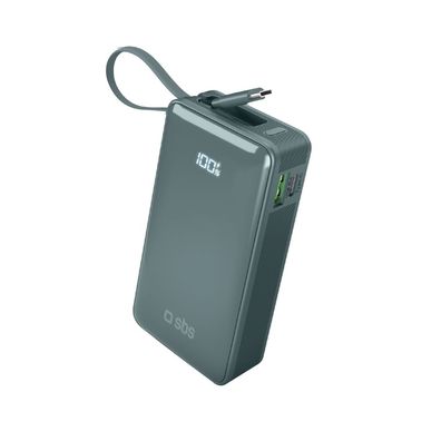 Powerbank SBS 10000 mAh 20W mit integriertem USB-C-Kabel und LCD-Anzeige, grau