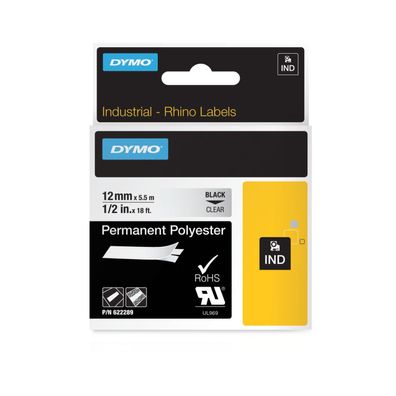 Dymo Rhino-Schriftband Polyester 12mm x 5,5m schwarz auf transparent