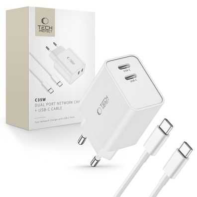 Netzladegerät Tech-Protect C35W 35W Power Delivery 2x USB-C mit Kabel 1 m weiß