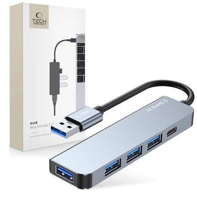 USB-Hub Tech-Protect V0 5in1 – USB-A 3.0, 3x USB-A 2.0, USB-C, Aluminium, grau