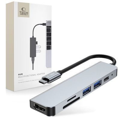 USB-C Hub Tech-Protect V4 6in1 HDMI USB 3.0 SD Kartenleser Aluminium Grau
