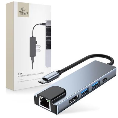 USB-C Hub Tech-Protect V3 5in1 mit HDMI und RJ45 LAN Adapter Aluminium Grau