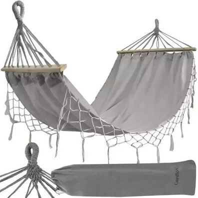 Hängematte Gardlov 21079 200x100 cm Baumwolle grau mit Holzstäben und Tragetasche