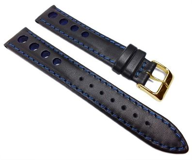 Racing Uhrenarmband Rindsleder mit Lochmuster schwarz/Blau 22214G