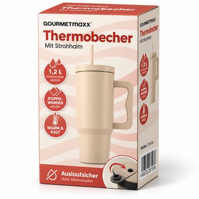 Gourmetmaxx Thermobecher 1,2 L Creme Isolierbecher mit Strohhalm