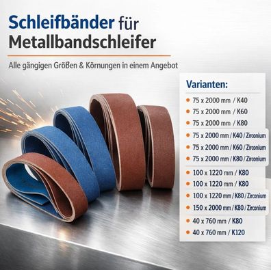 Schleifbänder 75x2000 100x1220 40x760 K40-K120 Zirconium Metallbandschleifer