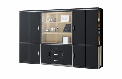 Eleganter Büroschrank Schwarz mit Glastüren und Schubladen Sofort