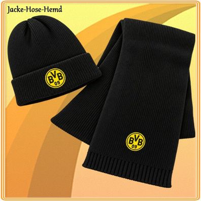 Borussia Dortmund Fan-Set Schal (ca.27x180cm) Mütze Schwarz Logo Wappen BVB NEU