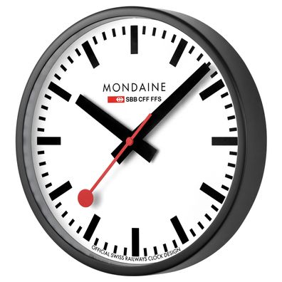 Mondaine Wanduhr schwarz, Durchmesser 25cm, A990. CLOCK.12SBB