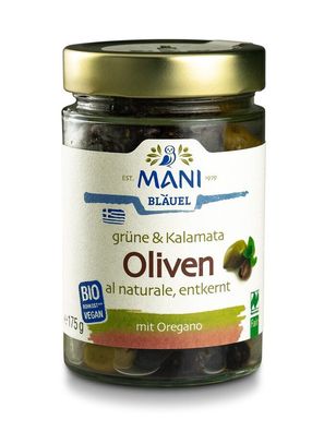 6x MANI® MANI Grüne & Kalamata Oliven al naturale, entkernt, bio, NL Fair 175g