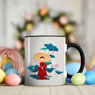 Lotus Tasse Frau im Roten Áo Dài mit Strohhut Zwischen Lotusblüten, Geschenk Frauen