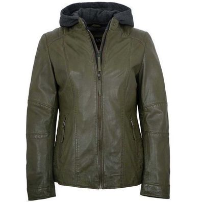 Jilani Collection - Damen Lederjacke Lammnappa Kapuze olive