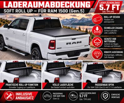 TopPro" Soft Roll-Up Ladeflächenabdeckung RAM (Gen.5) 5.7ft