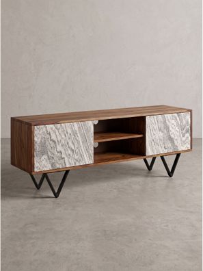 Lowboard Dunkles Massivholz mit Stauraum in Steinoptik Braun-Weiß - AREZZO Kadima
