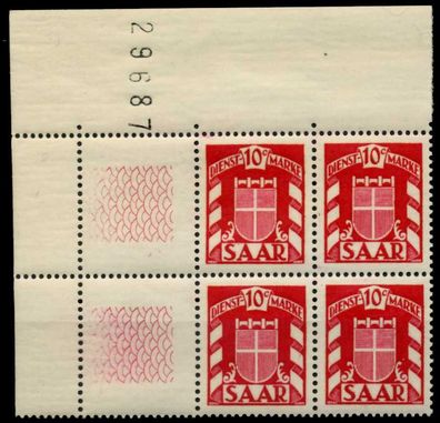 SAAR Dienstmarken Nr 33Ll postfrisch Viererblock X7C7966