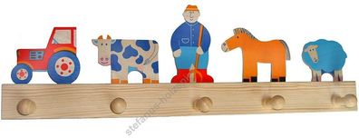 Kinder-Garderobe Traktor + Bauernhof aus Holz, 5 Haken, 50cm, Kinderzimmer, 330 NEU