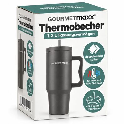 Gourmetmaxx Thermobecher 1,2 L mit Henkel, Strohhalm, grau