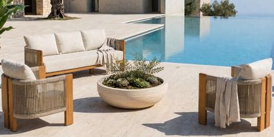 Gartenlounge Set 3-Sitzer Sofa Sessel Beige Kissen Modern Gemütlich