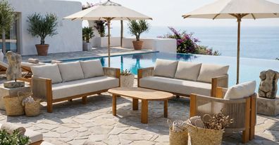Gartenlounge Set Beige Stilvoll Weich 3-Sitzer Sofa Sessel Couchtisch