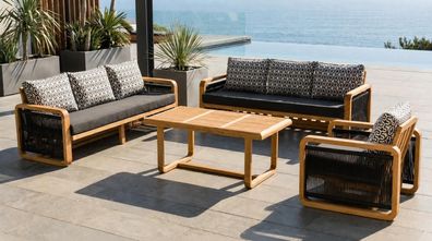 Gartenlounge Set 3-Sitzer Sofa Sessel Schwarz Kissen Weich Couchtisch