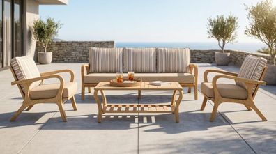 Gartenlounge Set 3-Sitzer Sofa Sessel Beige Kissen Modern Couchtisch