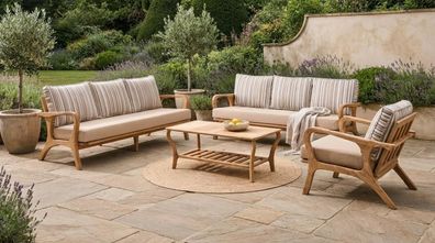 Gartenlounge Set 3-Sitzer Sofa Sessel Beige Kissen Couchtisch Holz