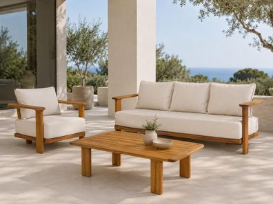 Gartenlounge Set 3-Sitzer Sofa Sessel Beige Kissen Couchtisch Holz