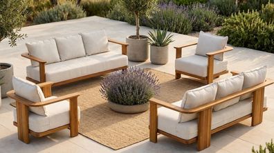 Gartenlounge Set 3-Sitzer Sofa Sessel Beige Kissen Komfort Modern