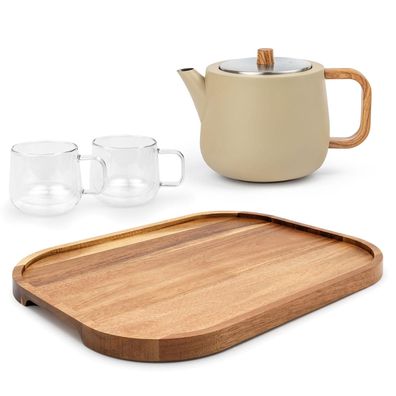 Bredemeijer Teekannen Set beige 1,1 L doppelwandig Edelstahl Tassen Holz-Tablett