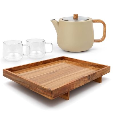 Bredemeijer Teekanne beige 1,1 L doppelwandig Edelstahl Glastassen & Holztablett