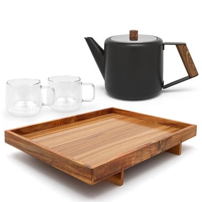 Bredemeijer Teekanne Set schwarz 1,1 L Edelstahl doppelwandig Holztablett Tassen