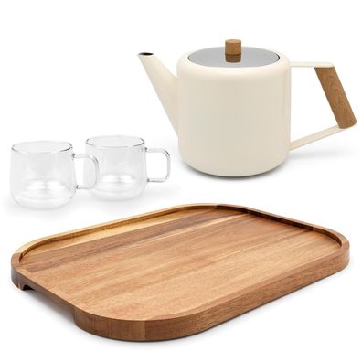 Bredemeijer Teekannen Set cremeweiß 1,1 L Edelstahl Glas-Teetassen & Holztablett
