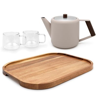 Bredemeijer Teekanne beige 1,1 L doppelwandig aus Edelstahl Tassen & Holztablett