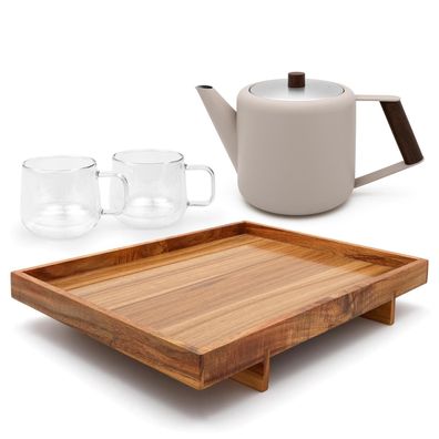 Bredemeijer Edelstahl Teeset beige 1,1 L doppelwandig Holztablett mit Glastassen