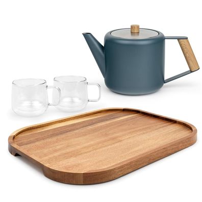 Bredemeijer Teekannen Set blau 1,1 L Edelstahl doppelwandig Tassen & Holztablett