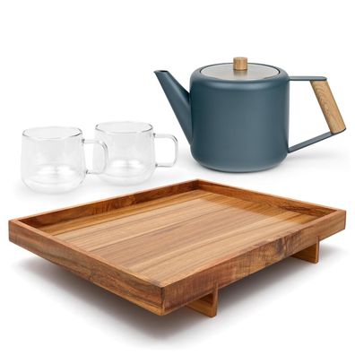 Bredemeijer Edelstahl Teekanne blau 1,1 L doppelwandig Holz-Tablett & Glastassen